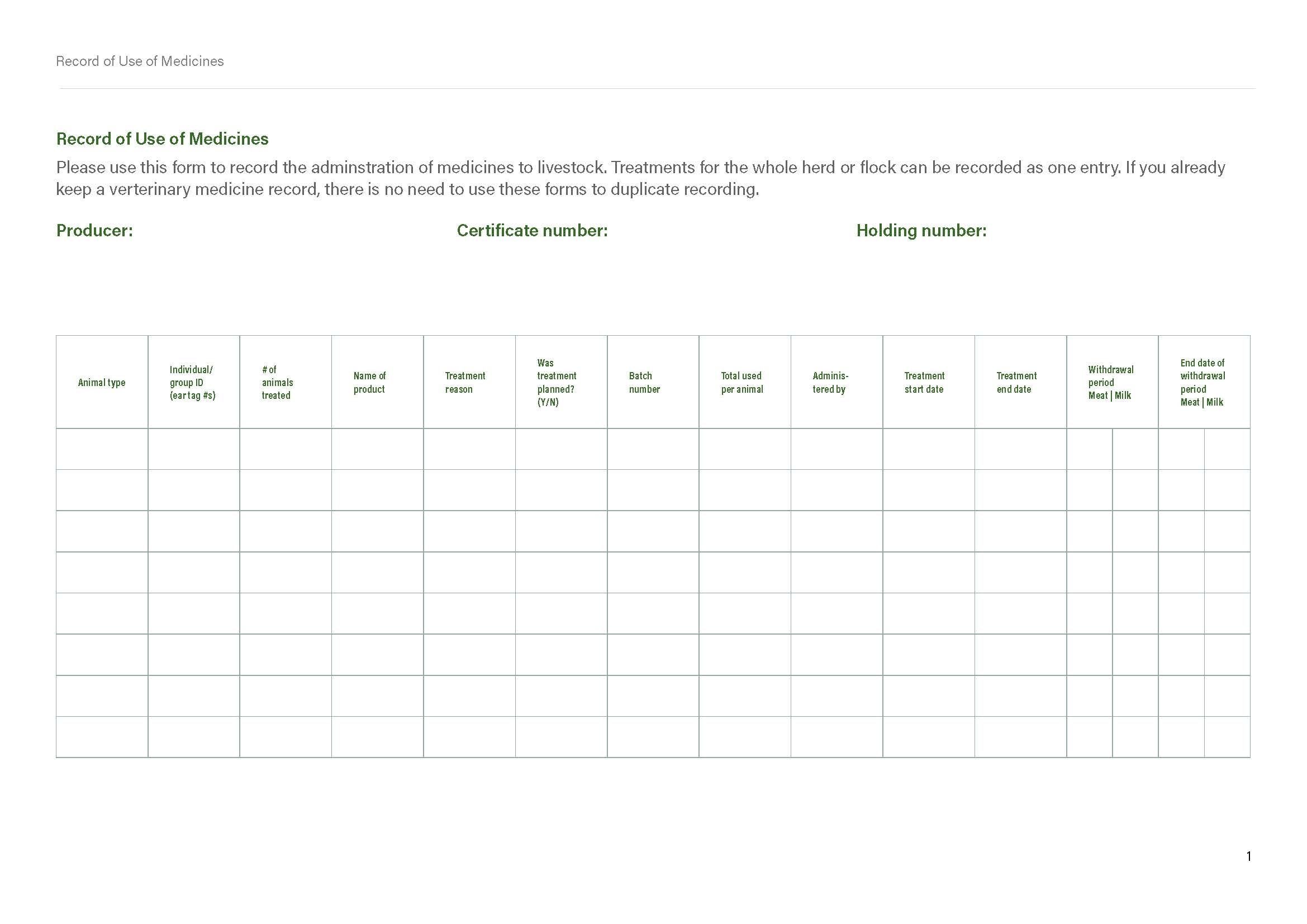 Record of Use of Medicines